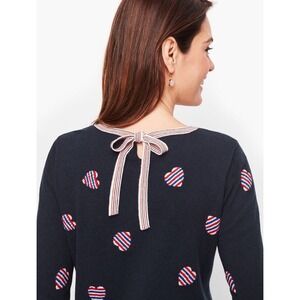 Talbots Womens Sweater Medium Navy Blue Red‎ White Heart Striped Back Tie Knit